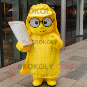 Lemon Yellow Miso Soup mascot costume character dressed with a Raincoat and Reading glasses