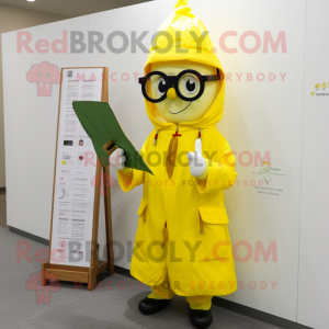 Lemon Yellow Miso Soup mascot costume character dressed with a Raincoat and Reading glasses