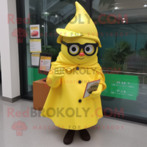 Lemon Yellow Miso Soup mascot costume character dressed with a Raincoat and Reading glasses