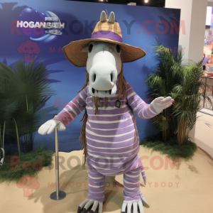 Lavender Quagga mascot costume character dressed with a Swimwear and Hat pins
