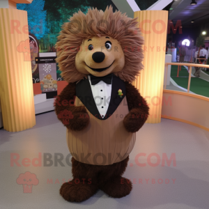 Brown Porcupine mascot costume character dressed with a Evening Gown and Bow ties
