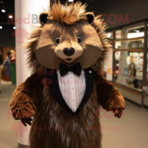 Brown Porcupine mascot costume character dressed with a Evening Gown and Bow ties