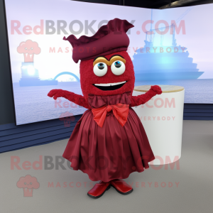 Maroon Paella mascot costume character dressed with a Wrap Skirt and Bow ties