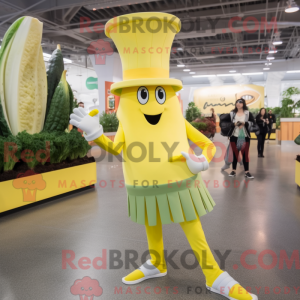 Maskotkarakter av en gul...