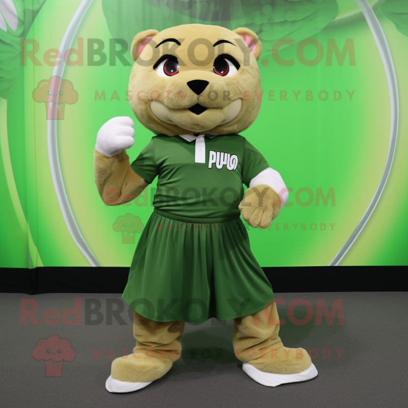 Olive Puma mascot costume character dressed with a Pleated Skirt and Shoe laces