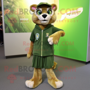 Olive Puma mascot costume character dressed with a Pleated Skirt and Shoe laces