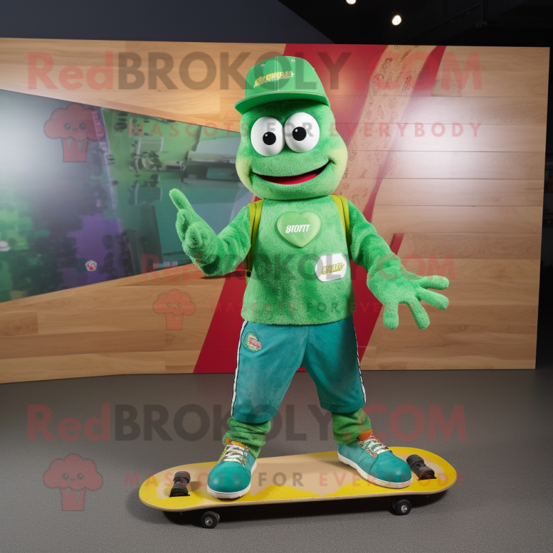 Green Skateboard mascot costume character dressed with a Overalls and Clutch bags