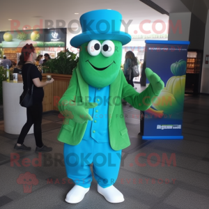 Teal Celery mascot costume character dressed with a Jacket and Hats