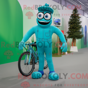 Maskotkarakter af en cyan...