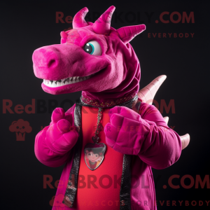 Maskotfigur af en magenta...