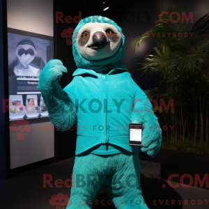 Maskotkarakter av en cyan...