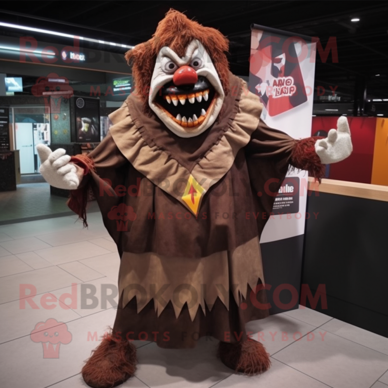 Brown Evil Clown mascot costume character dressed with a T-Shirt and Shawl pins