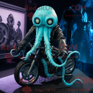 Maskotfigur af en cyan...