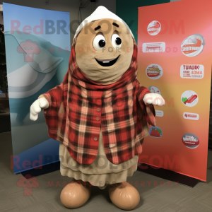 Tan Shakshuka mascot costume character dressed with a Flannel Shirt and Wraps