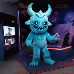 Maskotkarakter af en cyan...