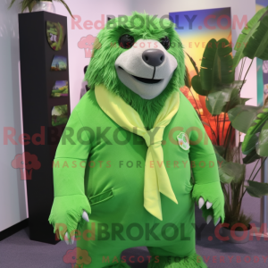Maskotfigur af en limegrøn...