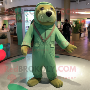 Green Sea Lion mascot costume character dressed with a Jumpsuit and Shoe laces