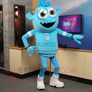 Cyan Beef Stroganoff mascot costume character dressed with a Skinny Jeans and Bracelet watches