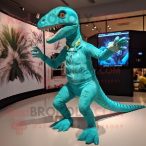 Turquoise Velociraptor mascot costume character dressed with a Playsuit and Bracelets