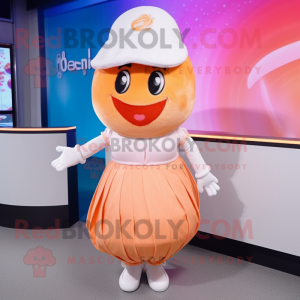 Peach Ice mascot costume character dressed with a Pleated Skirt and Caps