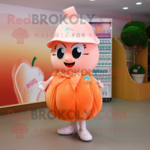 Peach Ice mascot costume character dressed with a Pleated Skirt and Caps