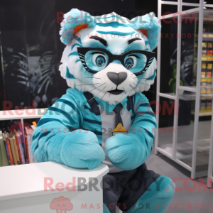 Maskotkarakter af en cyan...