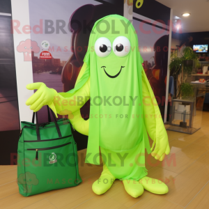 Lime Green Squid mascot costume character dressed with a Blouse and Tote bags