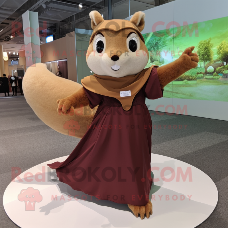 Brown Flying Squirrel mascot costume character dressed with a Maxi Skirt and Brooches