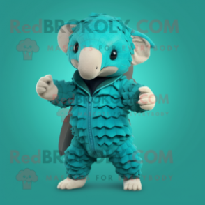 Cyan Pangolin mascot costume character dressed with a Playsuit and Mittens