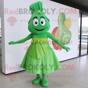Green Paella mascot costume character dressed with a A-Line Skirt and Ties
