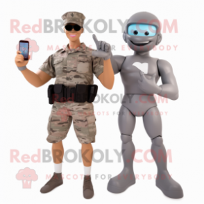 Gray American Soldier mascot costume character dressed with a Bikini and Smartwatches