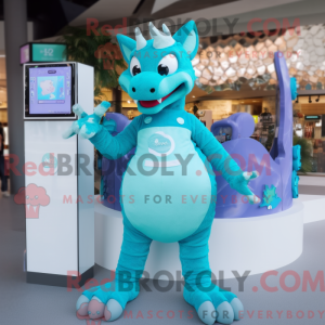 Maskotfigur av en cyan...