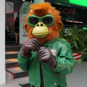 Green Orangutan mascot costume character dressed with a Biker Jacket and Reading glasses