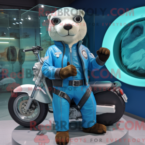 Maskotfigur af en cyan...