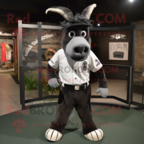 Black Donkey mascot costume character dressed with a Baseball Tee and Tie pins