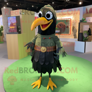 Olive Blackbird mascot costume character dressed with a Pencil Skirt and Bracelets