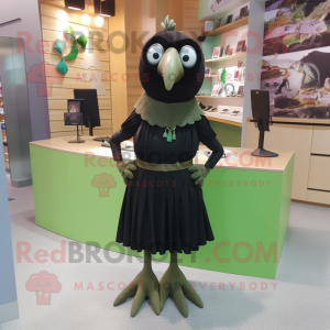 Olive Blackbird mascot costume character dressed with a Pencil Skirt and Bracelets