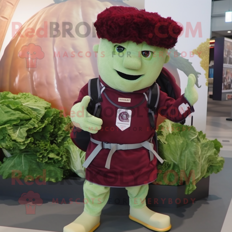 Maroon Caesar Salad mascot costume character dressed with a Jeggings and Backpacks