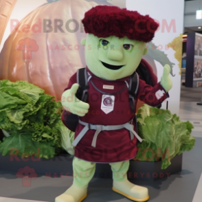 Maroon Caesar Salad mascot costume character dressed with a Jeggings and Backpacks