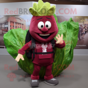 Maroon Caesar Salad mascot costume character dressed with a Jeggings and Backpacks