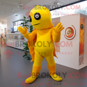 Maskot karaktär av en gul...