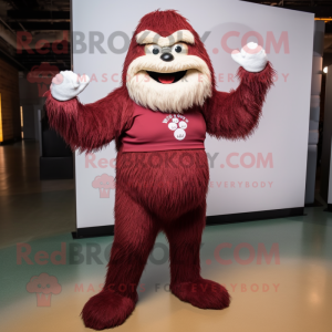 Maroon Yeti mascot costume character dressed with a Yoga Pants and Bow ties