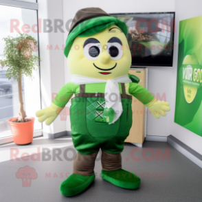 Olive Irish Flag mascot costume character dressed with a Dungarees and Bow ties