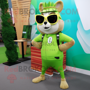 Lime Green Chipmunk mascot costume character dressed with a Leggings and Sunglasses