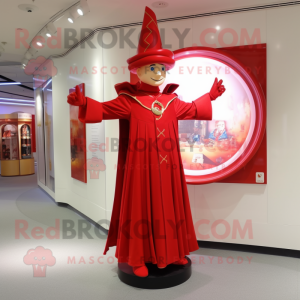 Red Magician mascot costume character dressed with a Empire Waist Dress and Rings