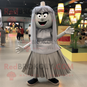 Gray Pad Thai mascot costume character dressed with a Pleated Skirt and Shoe clips