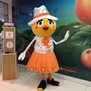 Peach Mandarin mascot costume character dressed with a Pencil Skirt and Shoe clips