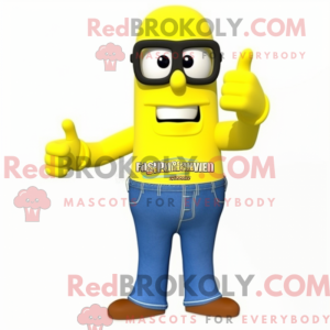 Maskotfigur af en citrongul...