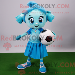 Maskotfigur af en cyan...