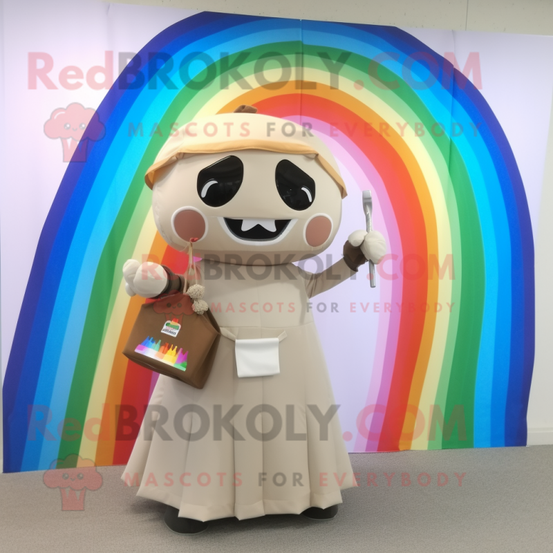 Beige Rainbow mascot costume character dressed with a Cocktail Dress and Messenger bags